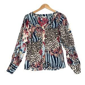 MONSOON Button Up Blouse Size Medium Long Sleeve‎ Floral Animal Print Boho Chic